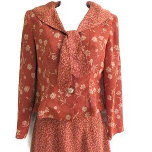 Vintage Skirt Set Mixed Floral Print Academia Tie Sepia Lined Zip Skirt Vent S